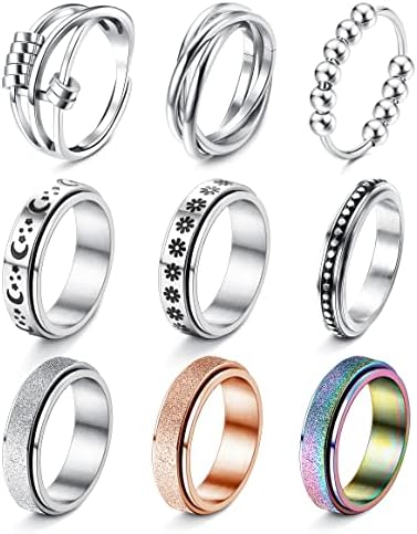Fiasaso 9 парчиња фигури прстени за вознемиреност од не'рѓосувачки челик Спинер прстен против вознемиреност прстен што се врти месечина