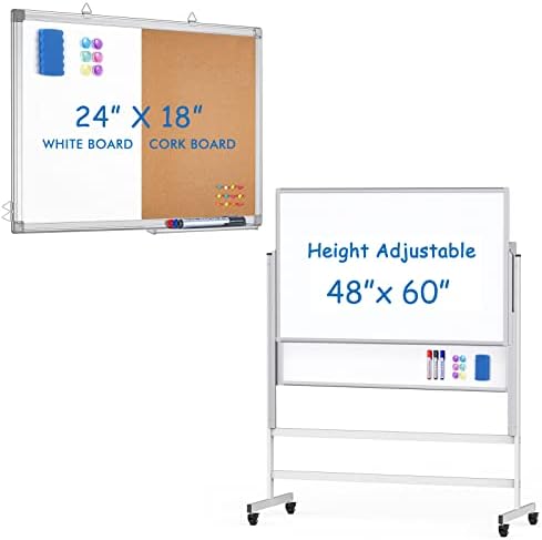 Корк табла бела табла комбо, 24 x 18 магнетско комбо и прилагодлива висина 48 x 60 инчи голема табла за мобилна суво бришење