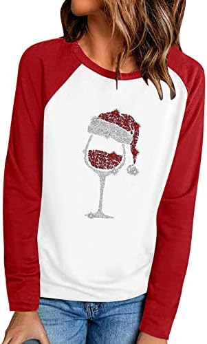 Маици за жени Божиќно вино со вино печатено во боја на долги ракави Раглан маички врвови на обичен пулвер за џемпери