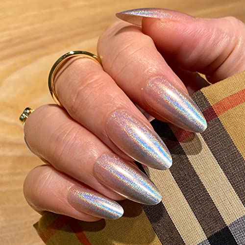 Novo ovo Medium Long Stiletto Silver Ombre Holographic Laser Metallic y2K дебел печат на лажни лажни нокти сирена сјајно акрилен стап на