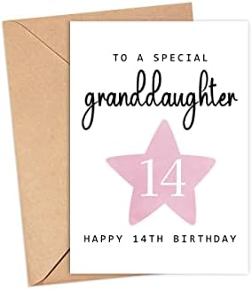 Moltdesigns на специјална внука Среќна 14 -та роденденска картичка - 14 -годишна возраст - четиринаесетгодишна возраст - розово слатко девојче Подарок за картички за роденд