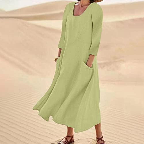 Nokенски официјални фустани на Nokmopo, женски модни обични цврста боја, без ракави, памучен постелнина, џебна фустан
