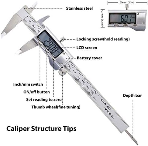 Дигитален дебеломер, електронски дигитален дигитален дигитален микрометар на калипер со складирање, ЛЦД-екран и конверзија на инч милиметар