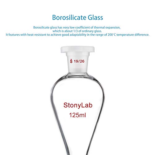 Стонилаб Боросиликатно Стакло 125 мл Тешка Ѕидна Конусна Сепараторна Инка со 19/26 Споеви и Тефлонски Стопкок, 125 мл