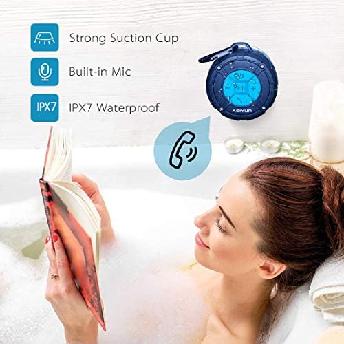 Звучник за туширање Asiyun, IPX7 Водоотпорен Bluetooth звучник, гласен HD звук, преносен безжичен звучник со вшмукување чаша и цврста кука, вграден микрофон, за туш, базен, пла?