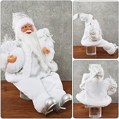Anydesign Божиќно седење Дедо Мраз изработено бело сребро палто Дедо Клаус Фигурини кукла со торба за подароци и претставува