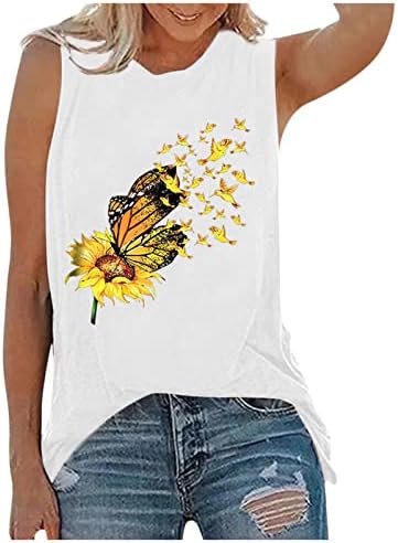 OPLXUO Women'sенски сончоглед Графички резервоар за пеперутки врвови кошули лето плус големина кошули без ракави смешни печатени обични