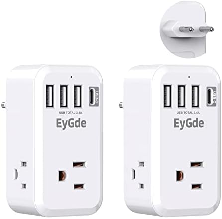 2 Пакувајте USB C адаптер за приклучоци за патни приклучоци, Меѓународен конвертор на приклучоци за напојување Eygde со 3 американски продажни места, 1 тип Ц и 3 USB, нас до ?
