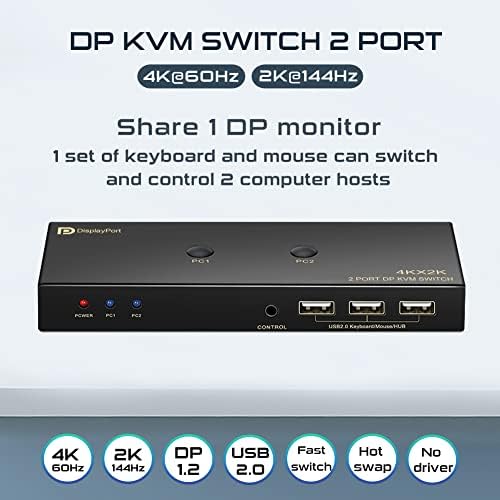 KVM Прекинувач DisplayPort 2 Порта 4k@60Hz, 2k@144hz 120Hz, со 3 Dp 1.4 Кабли