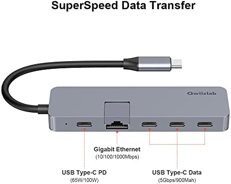 Qwiizlab USB C Центар Докинг Станица Пакет со 4 Порти USB-C Центар со 1gbps Етернет Порта