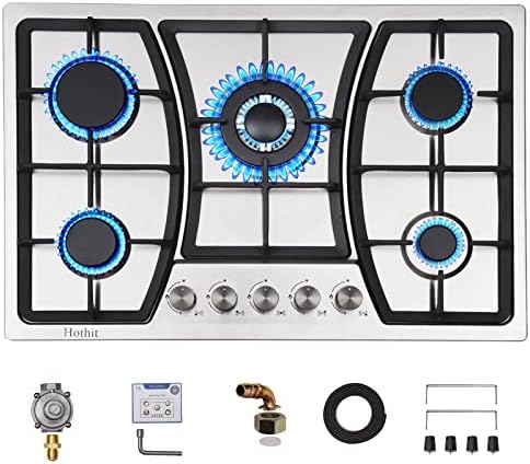 Hothit Propane Gas Cooktop 30 инч, 5 горилникот Вграден шпорет на гас од не'рѓосувачки челик, двојно гориво LPG/NG, вклучуваат