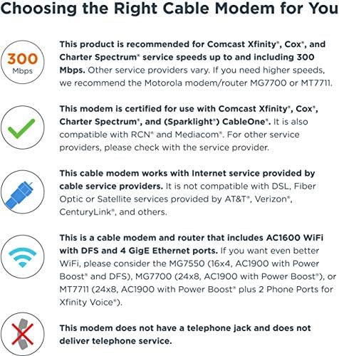 MOTOROLA MG7540 16x4 Кабелски Модем Плус AC1600 Двоен Опсег Wi-Fi Gigabit Рутер со DFS, 686 Mbps Максимална DOCSIS 3.0-Одобрен Од Comcast Xfinity, Cox, Чартер Спектар, Повеќе