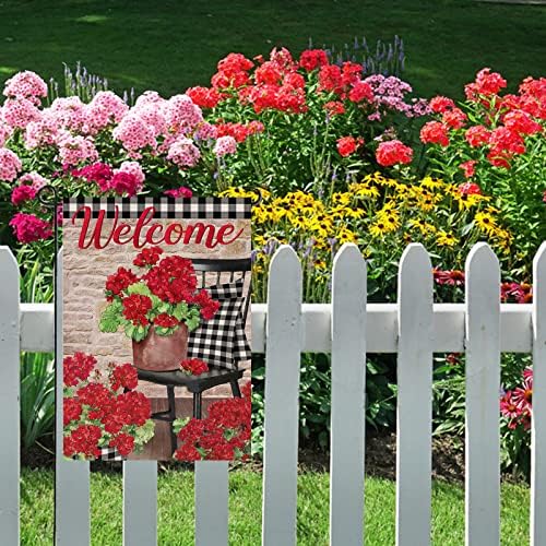 Диренсон добредојде пролетен гераниум црвен цвет Декоративно градинарско знаме, црно бело биволско карирано цветно столче за столче