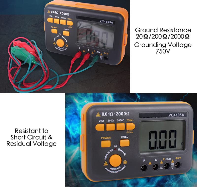Комплет за тестер за отпорност на земја на земја 20/200/2 2000Ω Мерач на отпорност на дигитална заземјување со Држете податоци + LCD дисплеј со позадинско осветлување