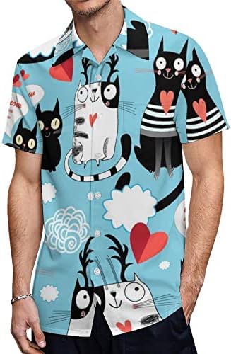 Срца во loveубовни мачки Машки кошули со кратки ракави со кратки ракави надолу од блуза, обични маички од плажа со џеб