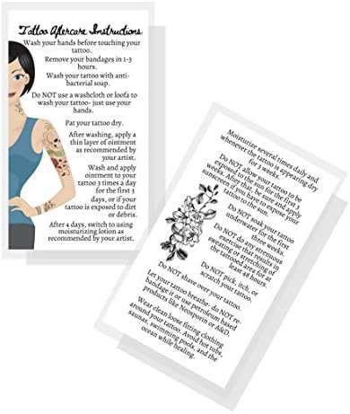 Тетоважа Инструкции За Нега Картички | 50 Пакет | Двострана Големина 2 х 3,5 инчи Визит-Карта | Бело Со Тетовиран Дама Дизајн
