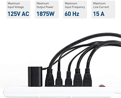 Кабелски работи 2-пакети 6-излезни заштитни ленти за напојување со USB порти за полнење, 300 џули со кабел за напојување со 12 стапала во бел и 1-пакет 6 излезен wallид за изн