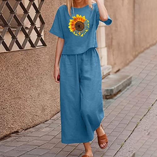 Постелнина за жени 2 парчиња летни обични панталони со широки нозе и маички со маици поставува кратки ракави удобни лабави чисти цветни