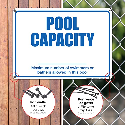 Знак на базен со капацитет на базен, 10x14 инчи, без 'рѓа .040 алуминиум, отпорен на блед, направен во САД од Сиго знаци