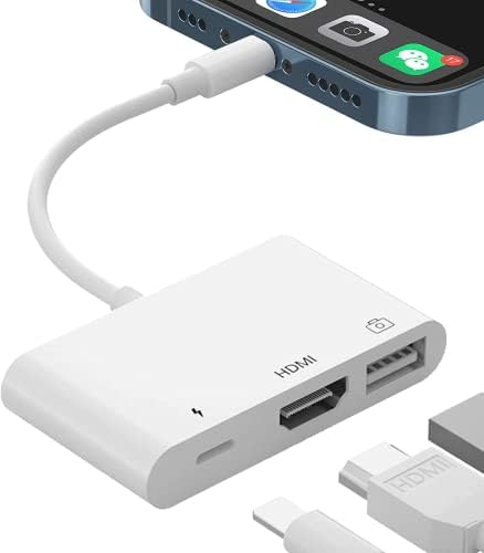 [Сертифициран Apple MFI] Молња до HDMI адаптер Дигитален AV, Молња до USB адаптер USB 3.0 OTG кабел 3 во 1 USB женски OTG адаптер