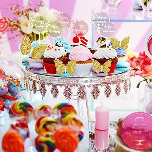 12 парчиња среќна годишнина торта со торта со украси за торта од пеперутка, злато лизгање на свадбата годишнина од акрилична торта, розови среќни
