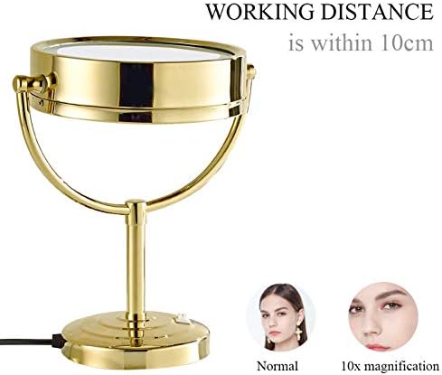 Огледало за шминка за Заах со светлина и зголемување, 8 инчи злато завршено двострано ретровизори, 360 ° ротација на месинг LED осветлени