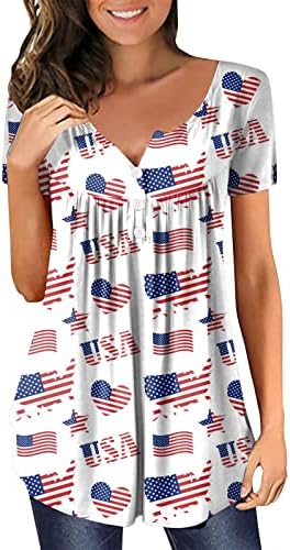 Womenенска облека Краток ракав за независност Ден на графичко копче Вратот Врв Проток Елегантен Елегантен Хенри Блуза кошули Обична маица