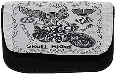 Зачудувачки моторцикл молив кутија, мотив за череп за череп, торба со молив со ткаенини со двоен патент, 8,5 x 5,5, сива црна боја