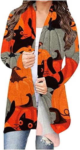 Cardенски Ноќта на вештерките кардигани тиква мачка печати кардиган мала тежина отворена предна фрон за жени слатко палто тенки