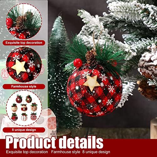 ББТТО 24 парчиња Божиќни топчести украси Бафало карирани елки со елки, рустикални карирани топкарски украси со снегулки од бор и бобинки за