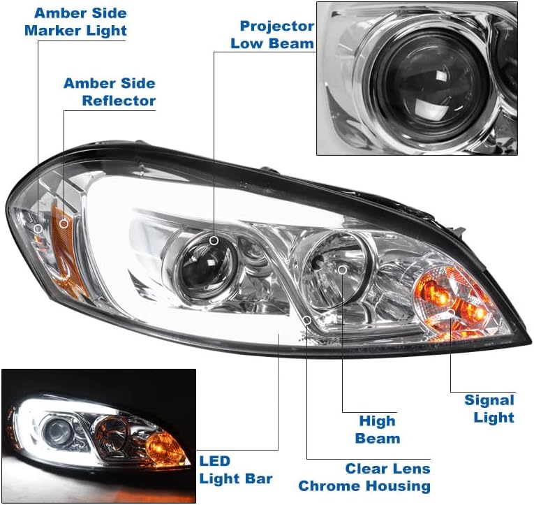 ЗМАУТОПАРТС ЛЕД Цевка Проектор Фарови Фарови Хром Компатибилен со 2006-2013 Чеви Импала