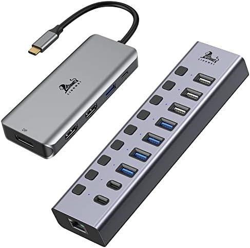 9-во-1 ТРОЕН ДИСПЛЕЈ USB C До Двоен HDMI Адаптер Со DisplayPort И USB 3.0/USB C Центар Со Универзален Напојуван USB 3.0 / USB C Центар,