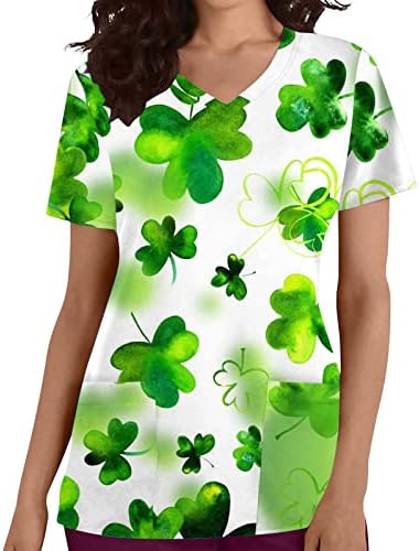 Печатена кошула за печатење на Шамрок за жени од одмор 2 џебна работна облека Кратка ракав Медицинска сестра униформа Св. Патрик