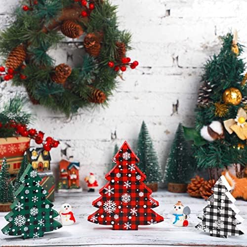 3 парчиња елка за елки за елки, тавало карирани дома знак дрвена полица декор, хонорарни центри за трпезарии за Божиќни забави за забави