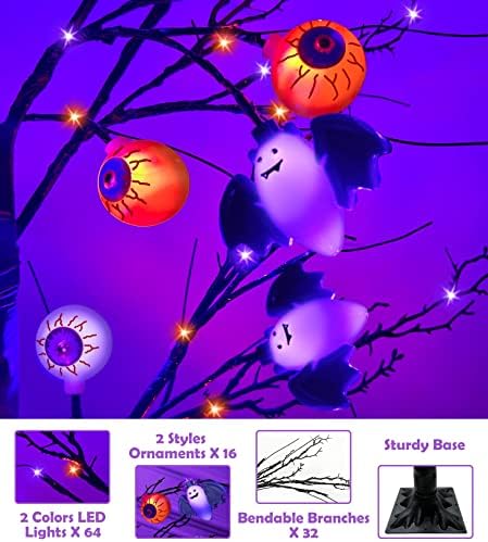5 ft Портокалова и виолетова Ноќта на вештерките Осветлен декор на дрво со тајмер 64 LED & 3D осветлени 8 лилјаци и 8 очни јаболки DIY плашлив украс црно гранчето дрво за Ноќ
