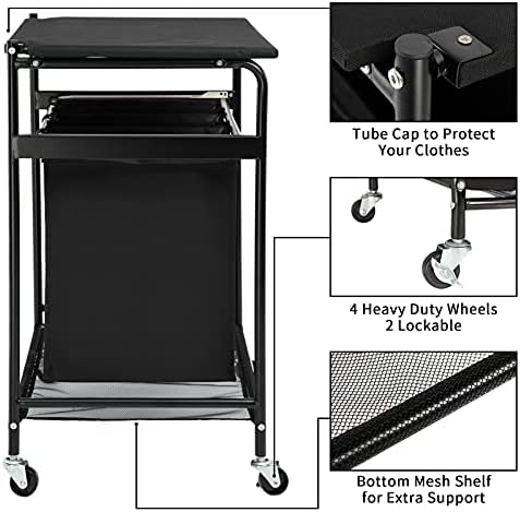Количка За Сортирање Алиморден За Перење Со Странично влечење Табла за Пеглање со 3 Торби Тешки 4 Тркала За Перење Алишта Црна