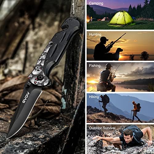 GVDV комунален џебен нож со 7CR17 не'рѓосувачки челик - нож за преклопување за лов на кампување на отворено, лагер, клип, секач за безбедност, стаклен прекинувач за итни с