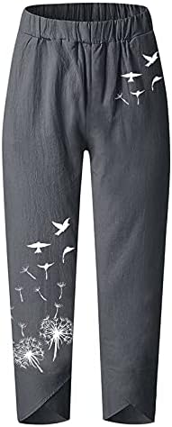 Обични панталони со капри за жени плус памучна постелнина за памучни постелнини гроздобер печатење лабаво вклопување дневни панталони