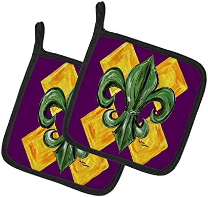 Богатства на Каролина 8133pthd Mardi Gras Fleur de lis Purple Green and Gold Shounds, држачи за отпорни на кујна за топлина поставуваат влошки за печење за готвење BBQ,