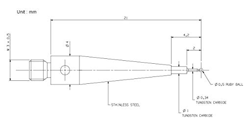 CMM Probe Stylus 0,5 mm Совети за рубин топка во волфрам карбид стебло M3 нишка 21мм долга A-5000-7632