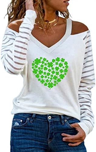 Womenените Сент Патрик Денот блуза секси од рамото срце печатено обични маички врвни детелина долги ракави кошули пуловер