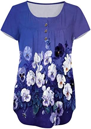 Женски цветни врвови на туники дневни обични маици модни копчиња V-врат со врата со кратки ракави маички за основни слоеви кошули