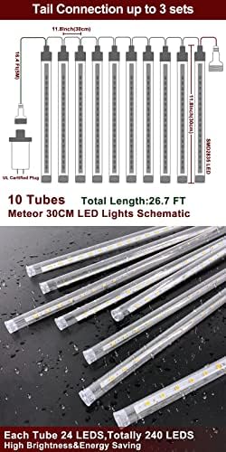 Божиќни светла на отворено, 240 LED метеорски светла за туширање паѓаат 11,8 инчи 10 цевки ул приклучок водоотпорен снег што
