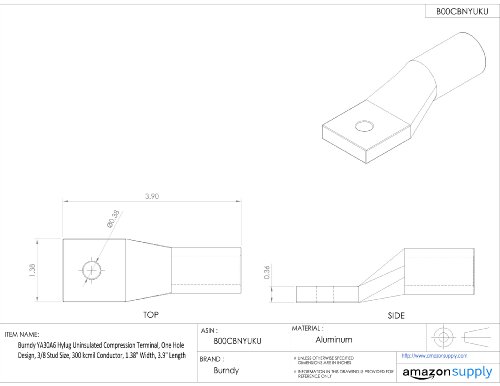 Burndy YA30A6 Hylug Uninsulated Compression Terminal, Дизајн на една дупка, големина од 3/8 обетка, проводник од 300 kcmil, 1,38 ширина, 3,9