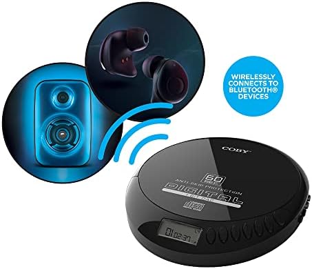 Coby Bluetooth CD Player Portable, FM, Aux, MP3 Anti-Skip компактен Discman | Лесен преносен ЦД плеер со слушалки | HP Jackек, Рех Бат, 6 часа