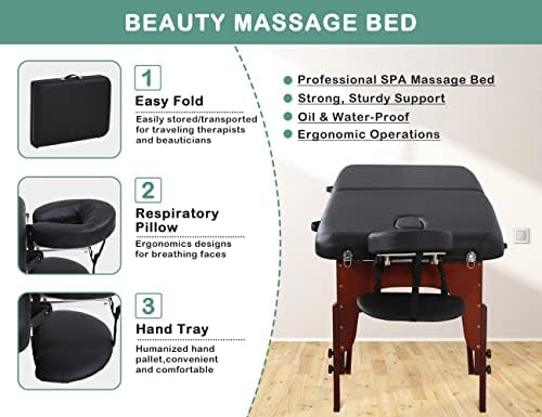 Шипен масажа за масажа преносен трепки кревет 73 '' долга 28 '' широка табела за тетоважа, преносен спа -кревет за прилагодување на висината, 2 преклопна хиропрактична м