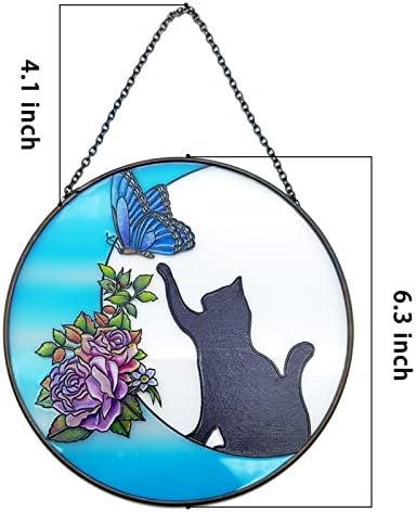 Мачка витраж пеперутка на месечина подароци, рачно изработени сончани црна мачка за витраж висини со стакло, подароци за мачки за мачки за