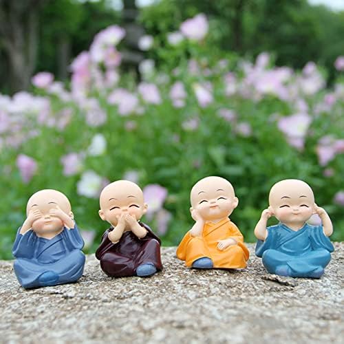 4 парчиња симпатична кунг фу монах статуа Минијатурна фигура на Буда, мудра фигура бебе, малечка скулптура колекционерска занаетчиска уметност Зен украси wallидна п?