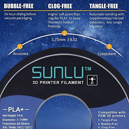 Sunlu PLA + филамент 1,75mm 10kg PLA Plus 3D филамент за печатење за 3Д печатач и толеранција на толеранција на 3D пенкала +/- 0,02