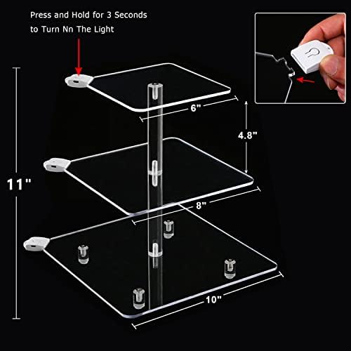 Тангшуо 3 нивоа квадратни акрилни кекс -кекс стои со LED светло за полнење, чиста кула за кекс - кула за десерт - Ниво на кекс се залага за свадби,